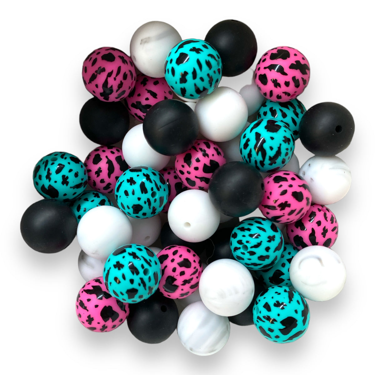 CK - 120 - 19mm "Aqua + Pink / Black Cow" 50 Count Silicone Bead Pack