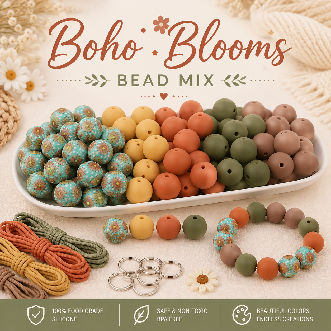 "Boho Blooms" - 15mm Silicone 50 Count Bead Pack – Ideal for Beadable Pens & Keychains