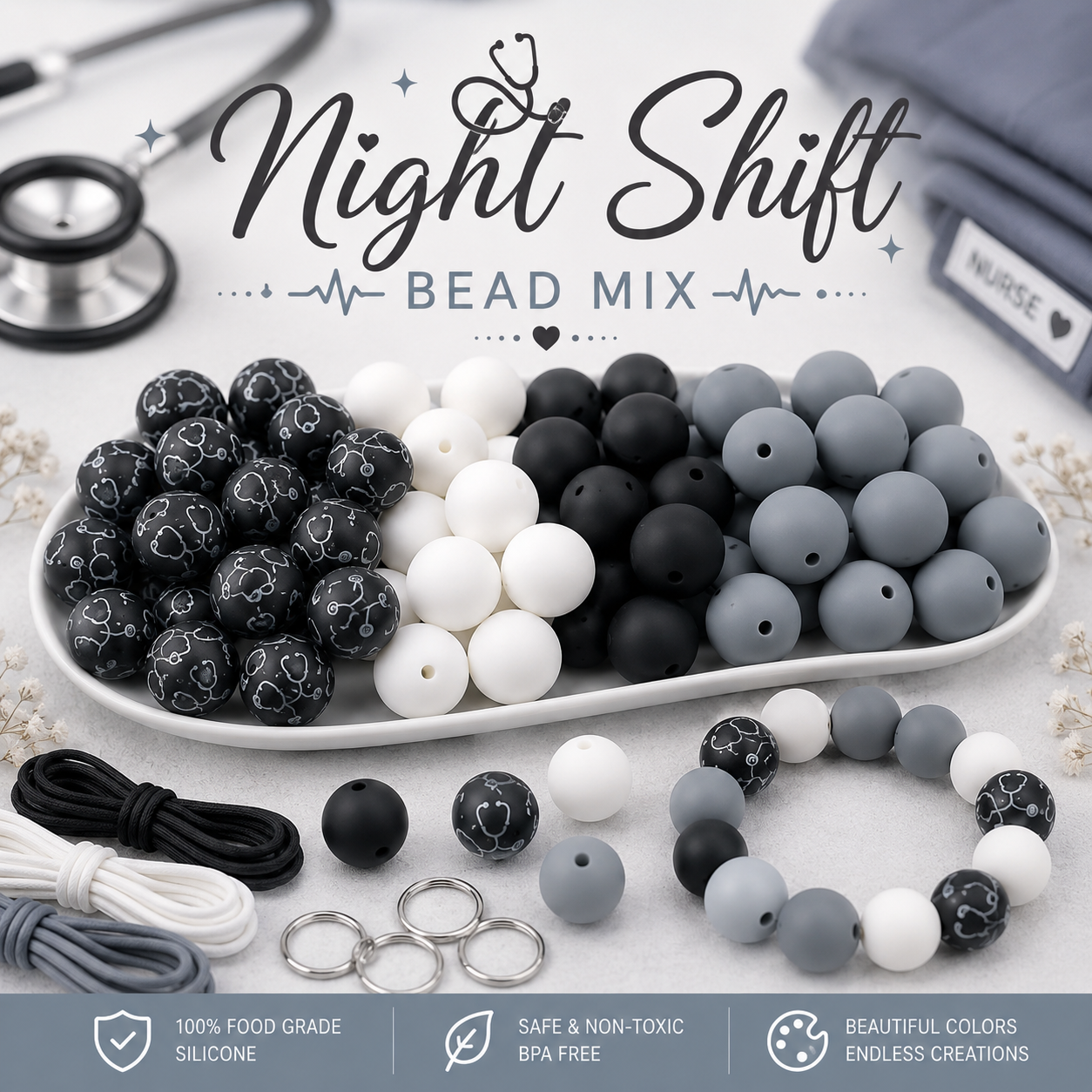 "Night Shift" - 15mm Silicone 50 Count Bead Pack – Ideal for Beadable Pens & Keychains