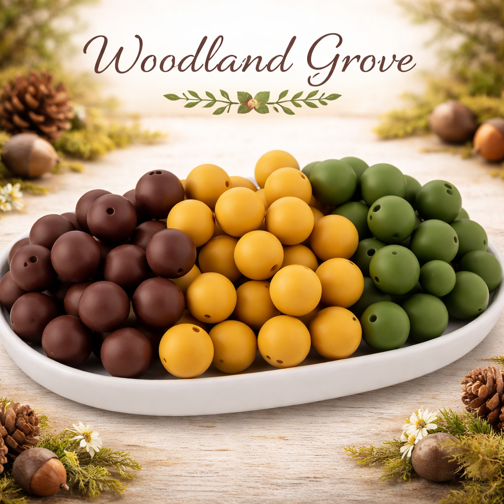 Colorful wooden beads on a plate with 'Woodland Grove' branding, surrounded by pinecones and foliage.