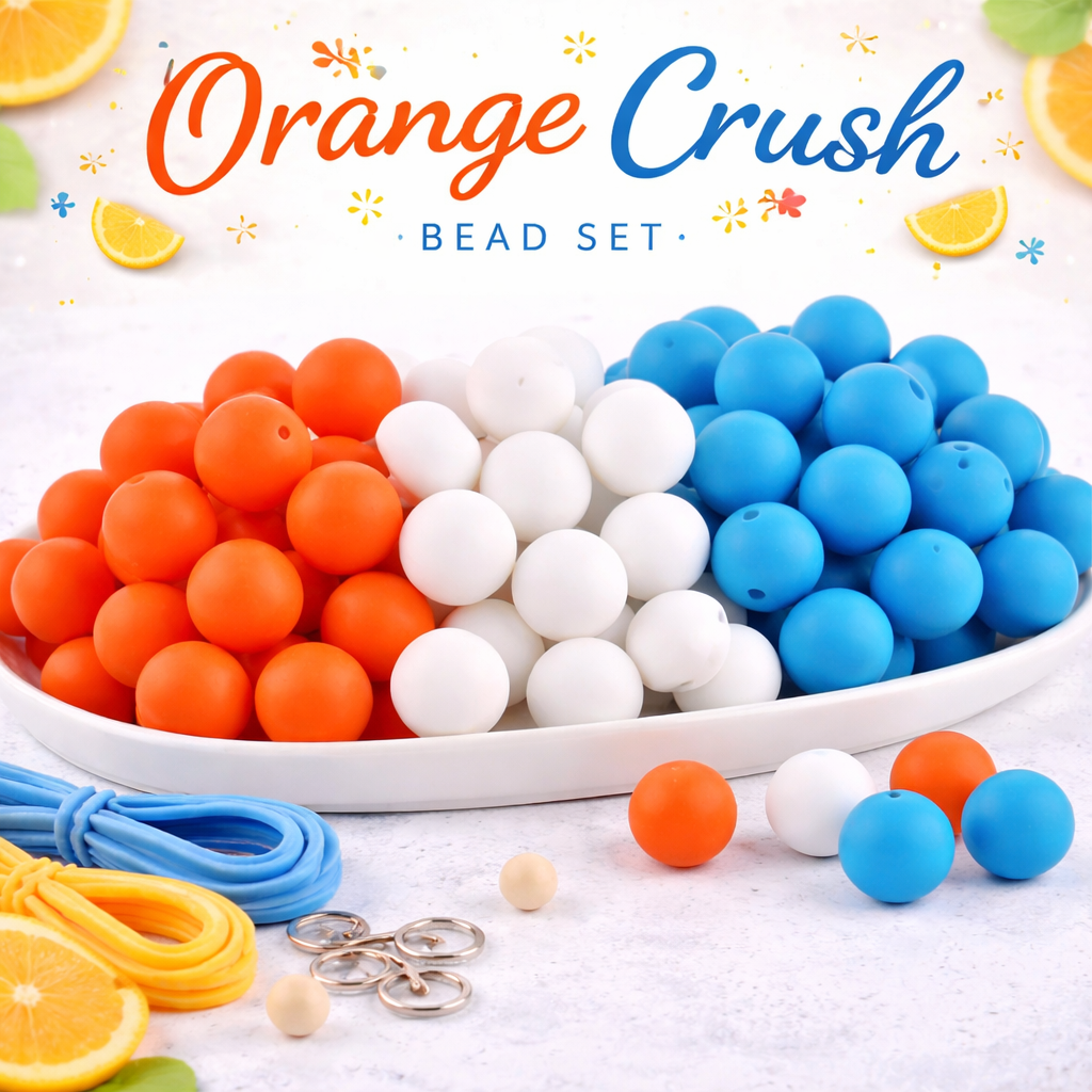 Orange Crush bead set with orange, white, and blue beads on a white background.