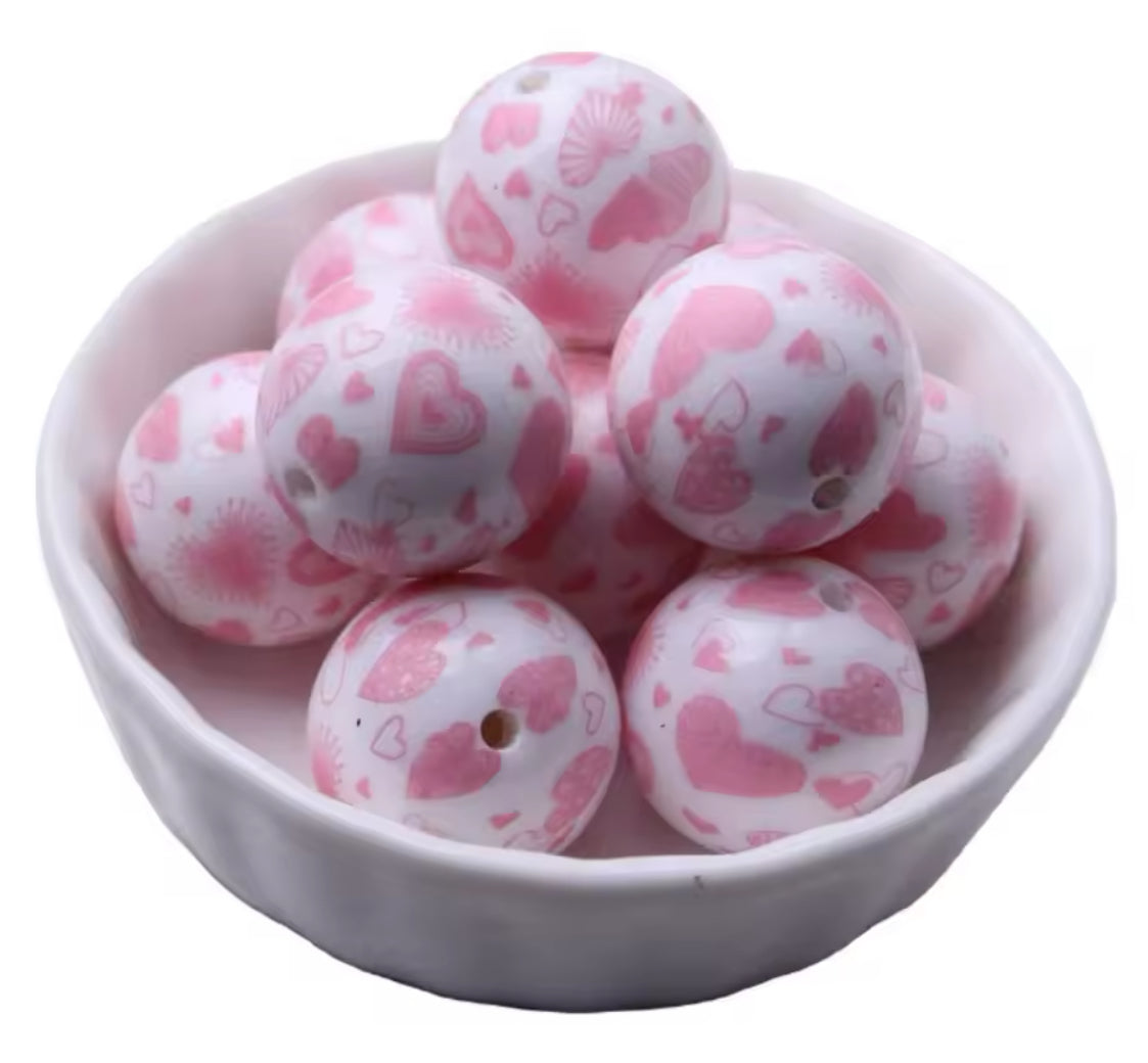 W499- 20mm "Pink Sketch Hearts" Acrylic Bead (1 Count)
