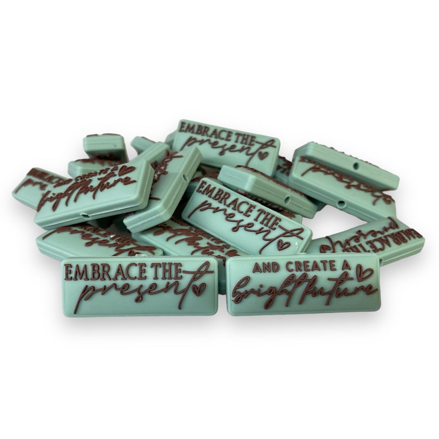 e557 - "Embrace The Present / Create A Bright Future " Two Sided Exclusive" Focal (1 Count) Bead Silicone