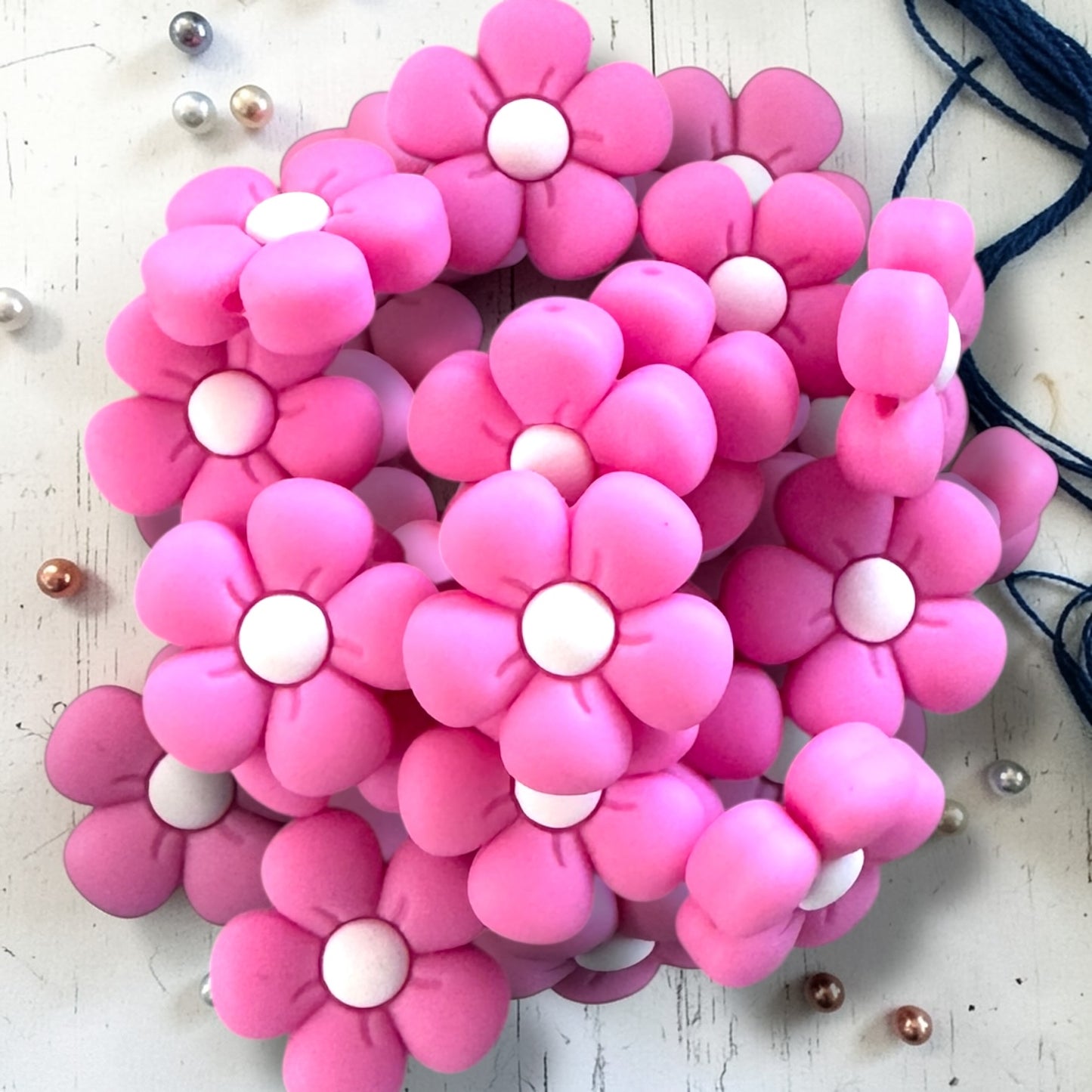 X153- Pink Flower Silicone Focal Bead for DIY Crafts (1 Count)