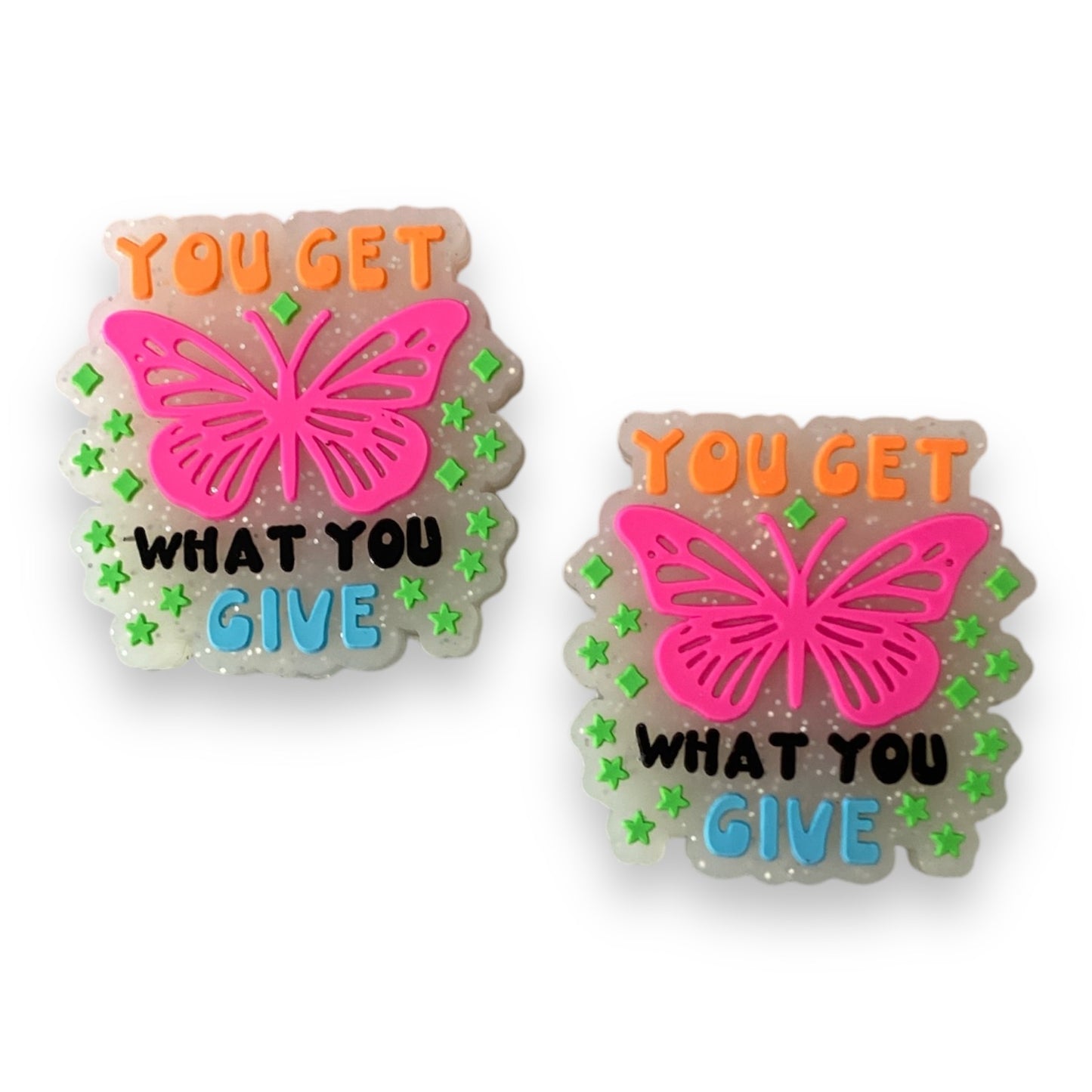 e638 - "You Get What You Give- Glow In The Dark Glitter” Silicone (1 Count) Focal Bead