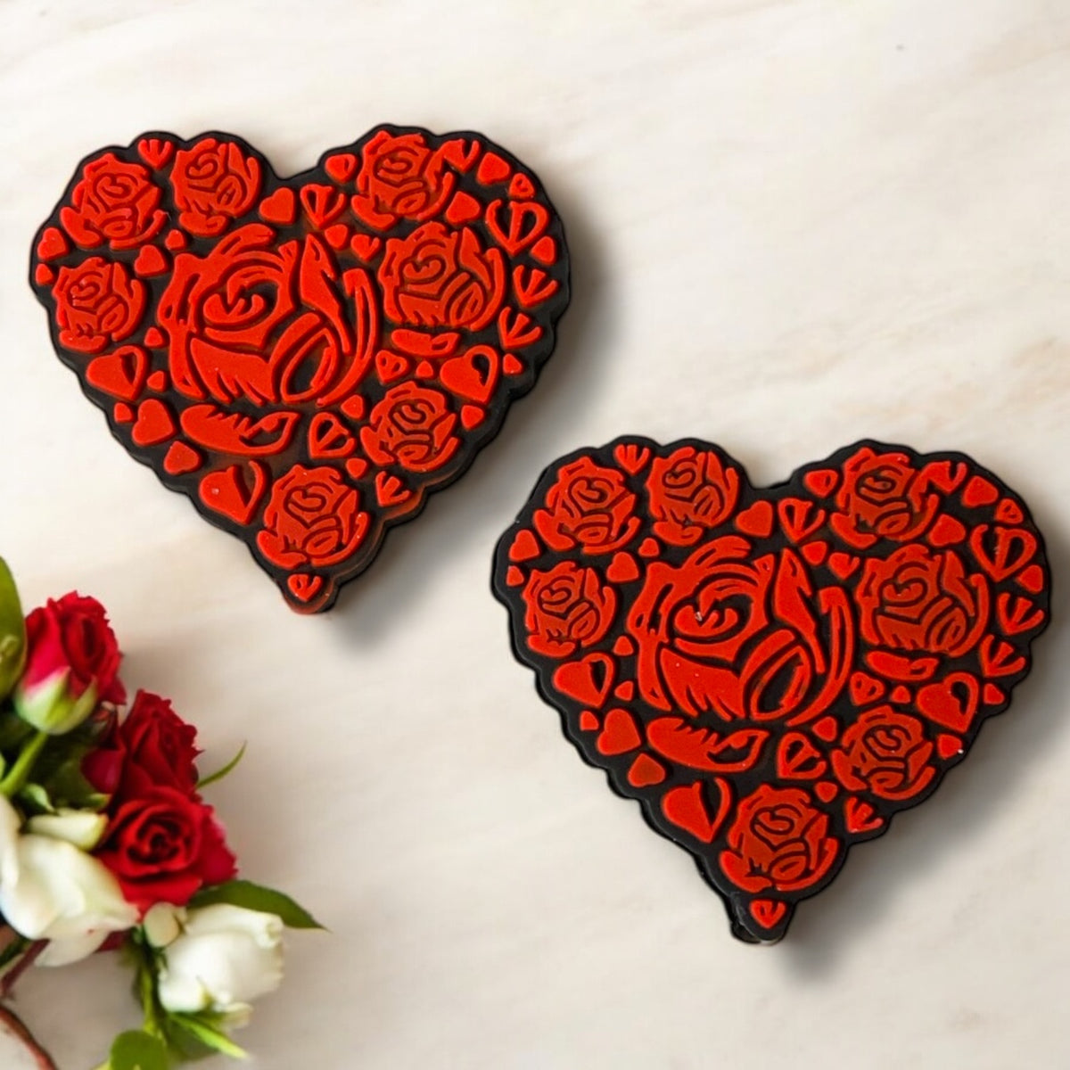 X1- “Red Floral Heart” Silicone Focal Bead (1 Count)
