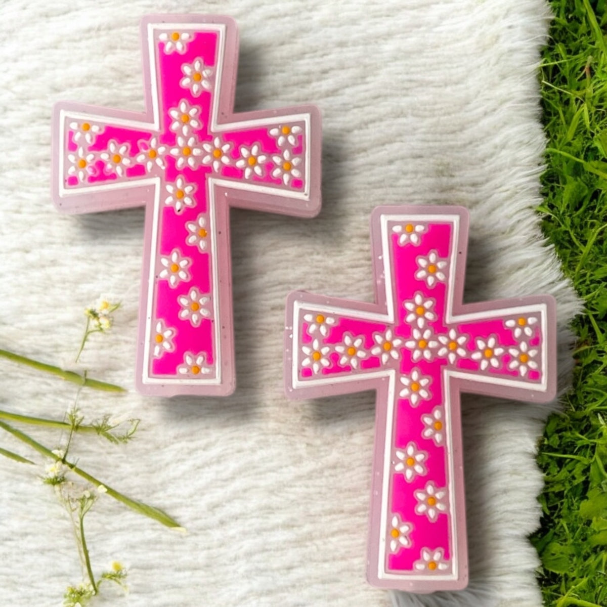X48- "Dark Pink Cross" Silicone Focal Bead (1 Count)