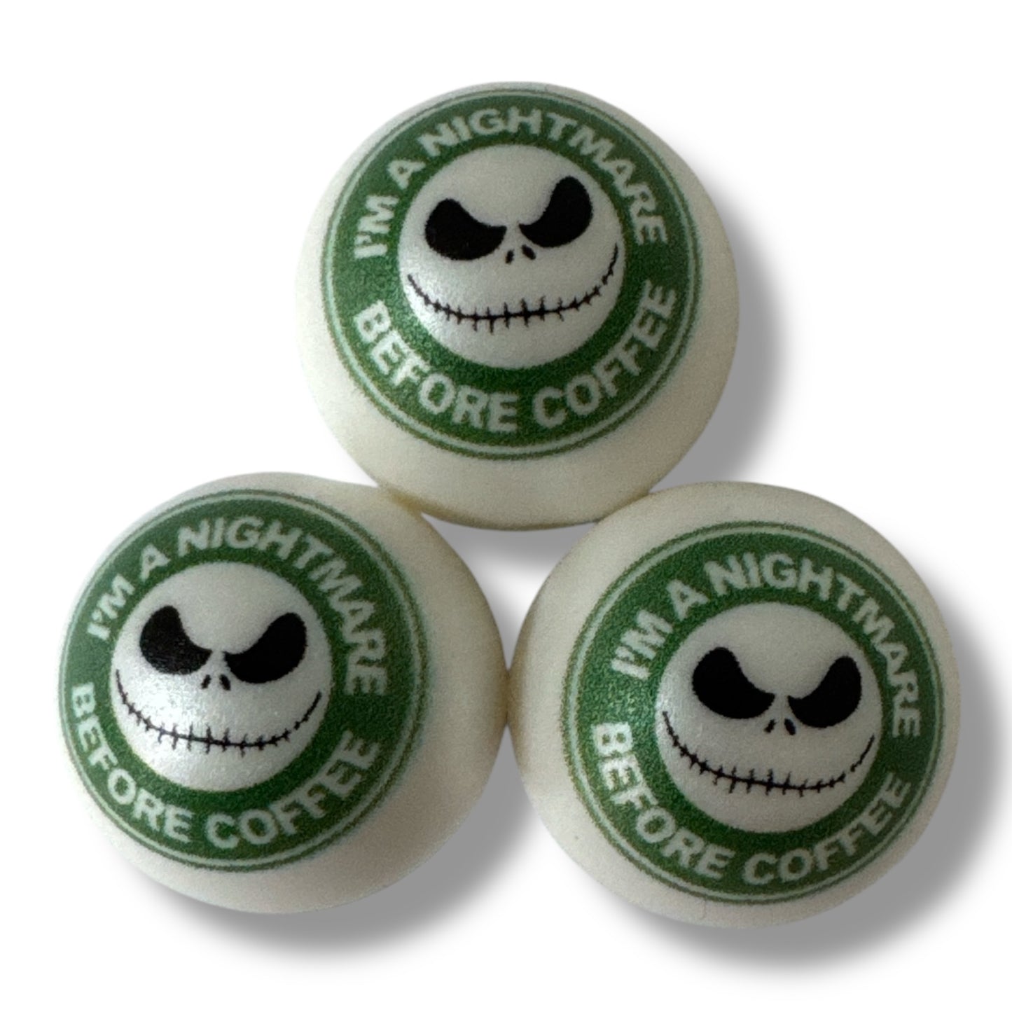 #149- 20mm "Nightmare Before Coffee" Printed Acrylic Pearl Bead