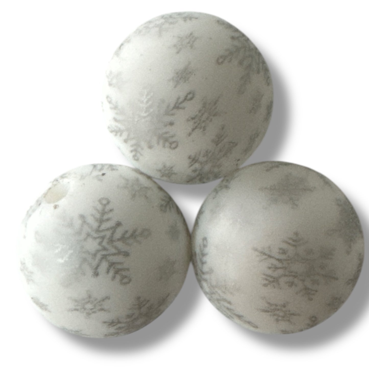 T81- 15mm “Silver & White Snowflakes” Silicone Beads
