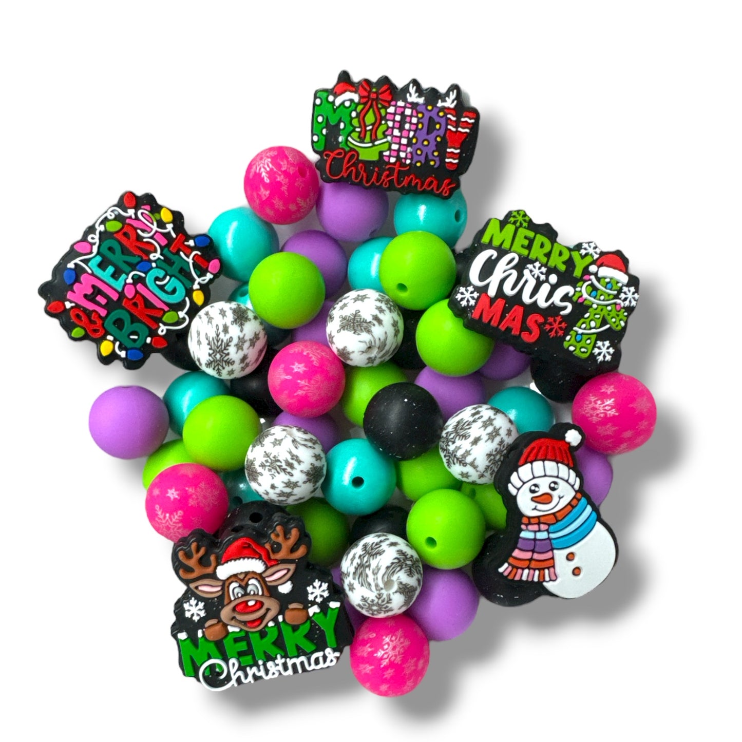 CK- 176- ❄️ “Merry & Bright” 15mm 55 Count Silicone Bead Mix 💜