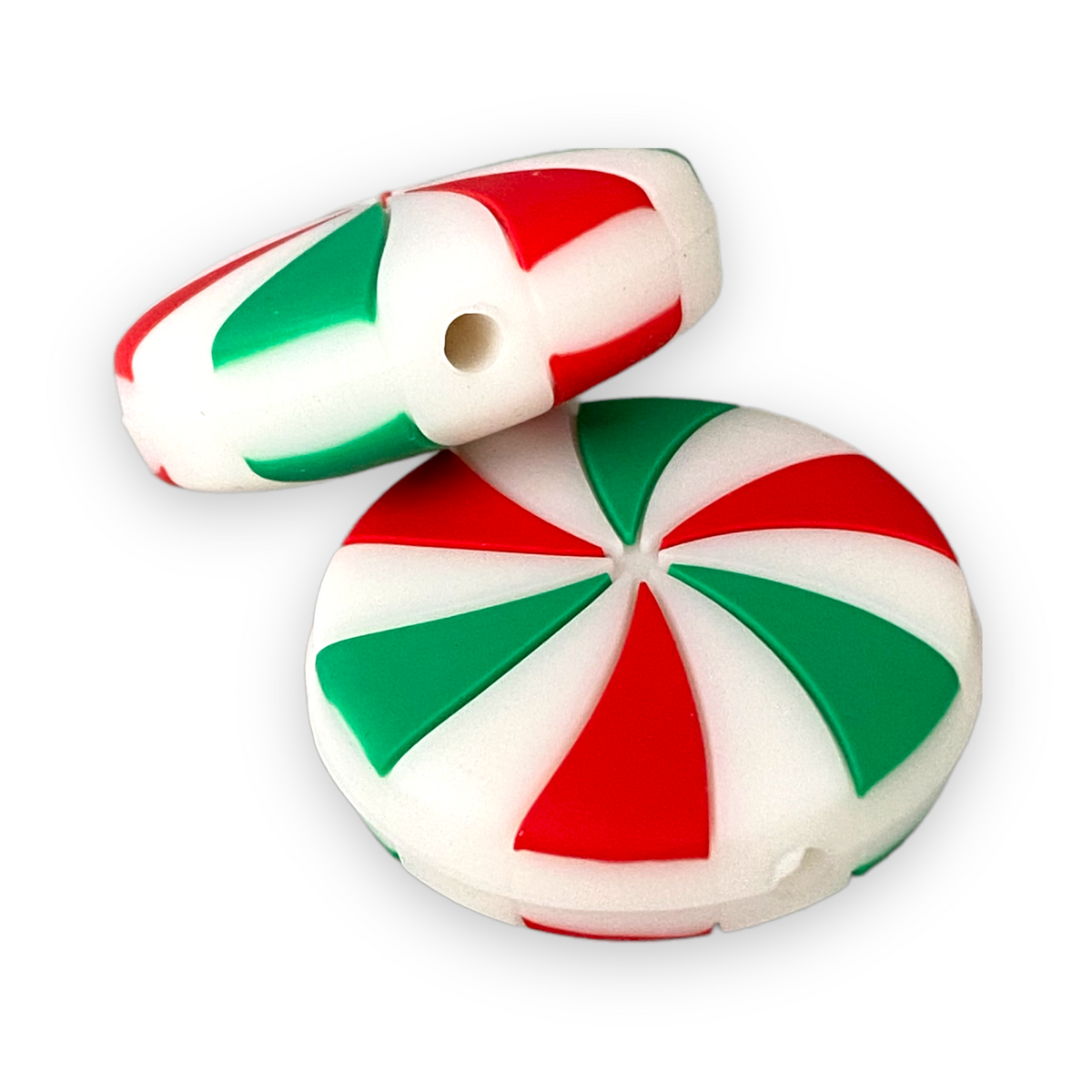X38 - Green & Red Peppermint Swirl Silicone Focal Bead (1 Count)