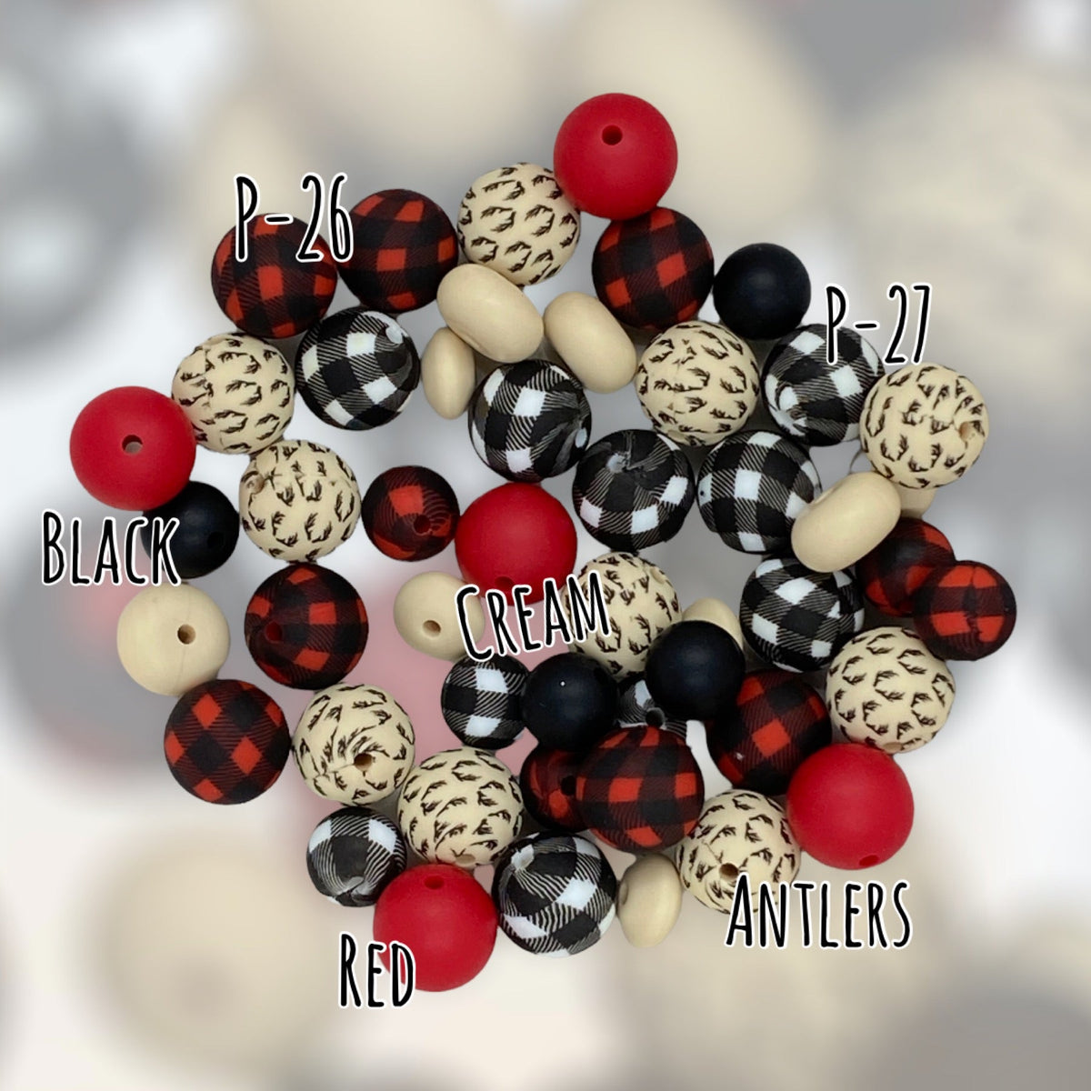 12mm- P-27 - Black & White Buffalo Plaid Silicone Beads