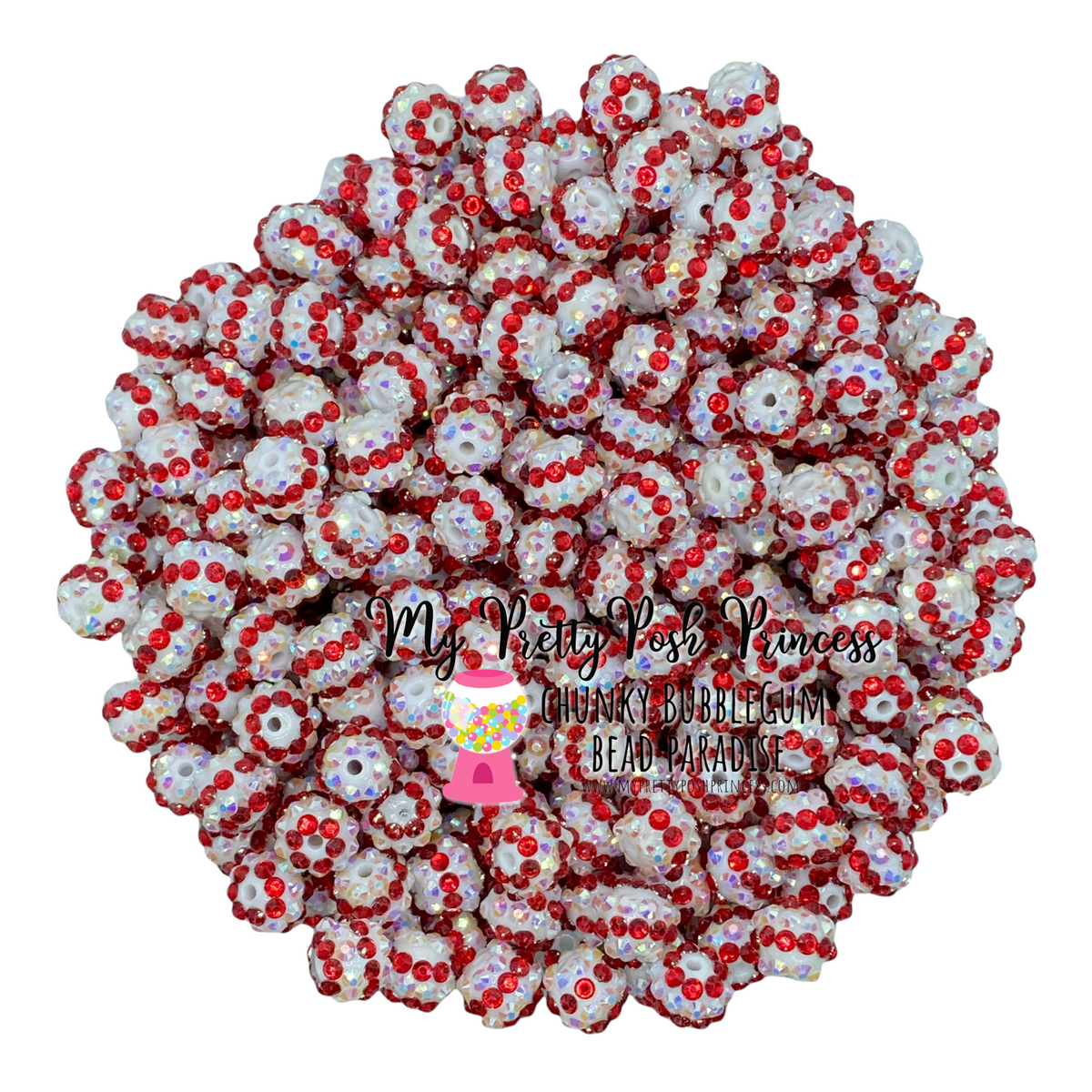 #1176 - 20mm White & Red AB Rhinestone Acrylic Beads (1 Count)