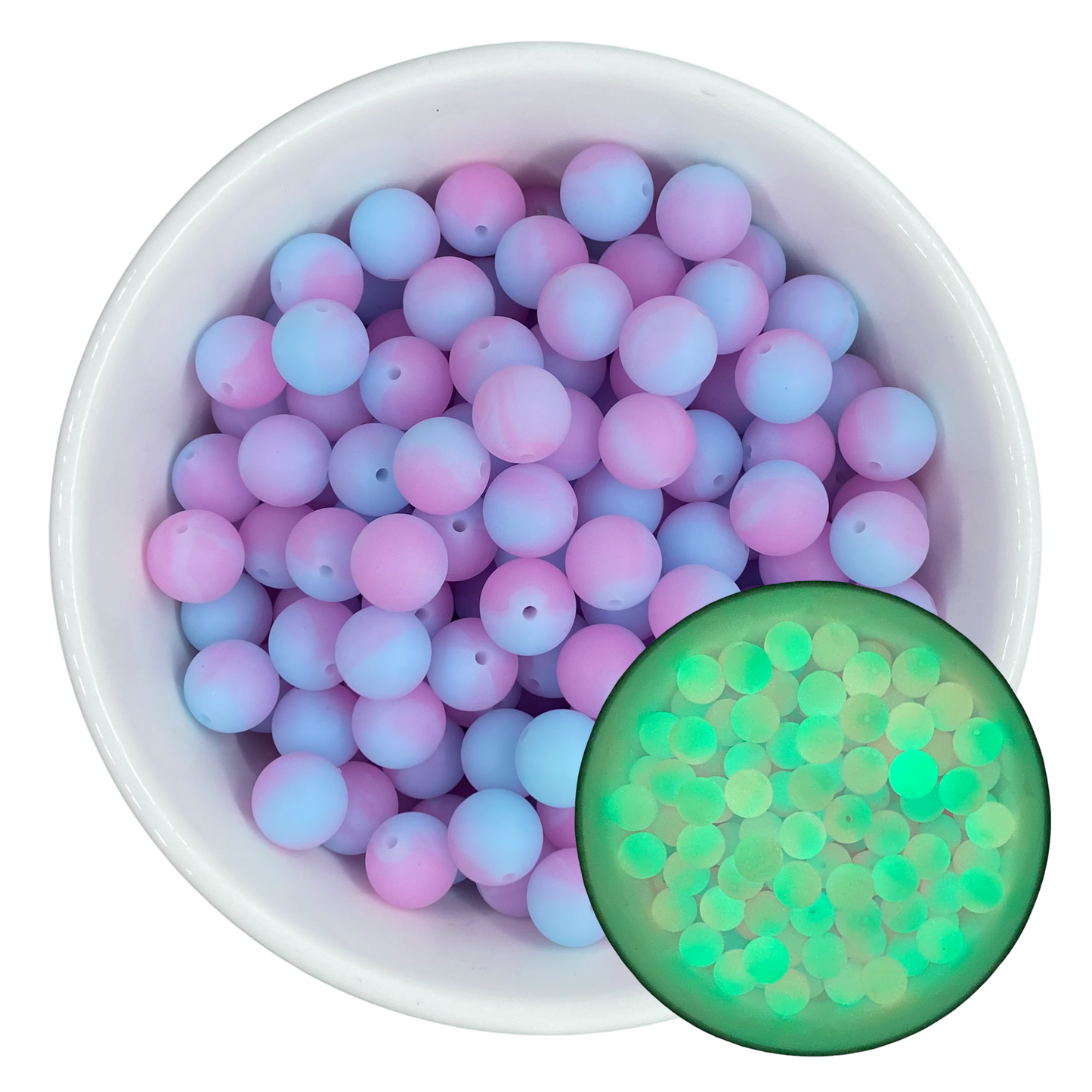 T304- “Cotton Candy” 15mm GLOW IN THE DARK Silicone Beads