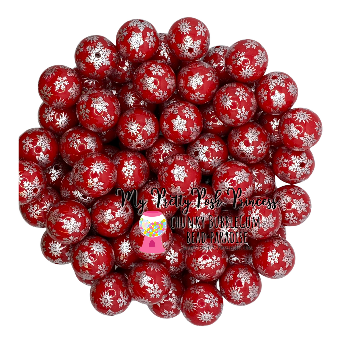 pt12- 12mm Red & Silver Snowflake Acrylic Bead (20 Count)