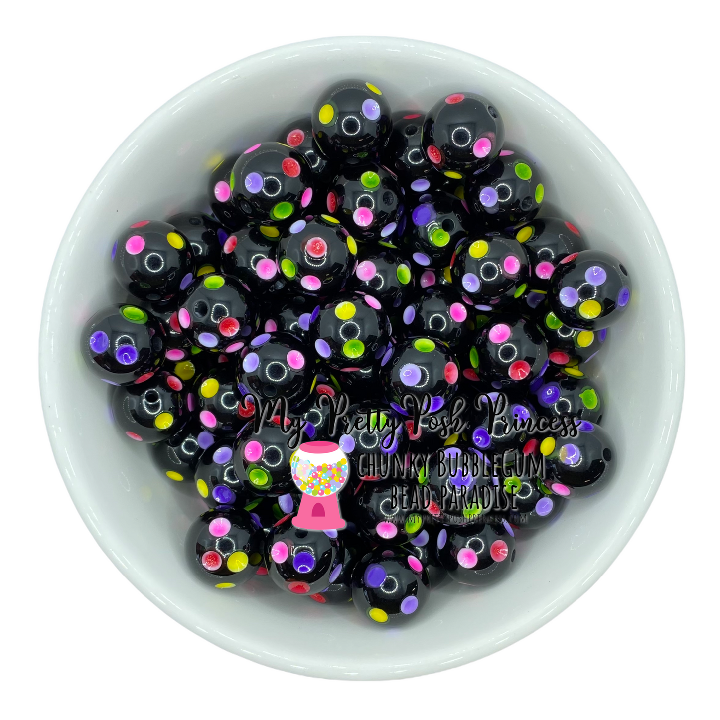 #1005 - 20mm Black Rainbow Polka Dot Acrylic Beads (1 Count)