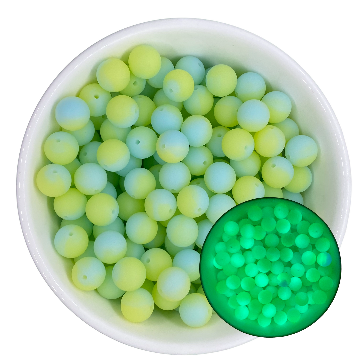 T303- “Key-lime” 15mm GLOW IN THE DARK Silicone Beads