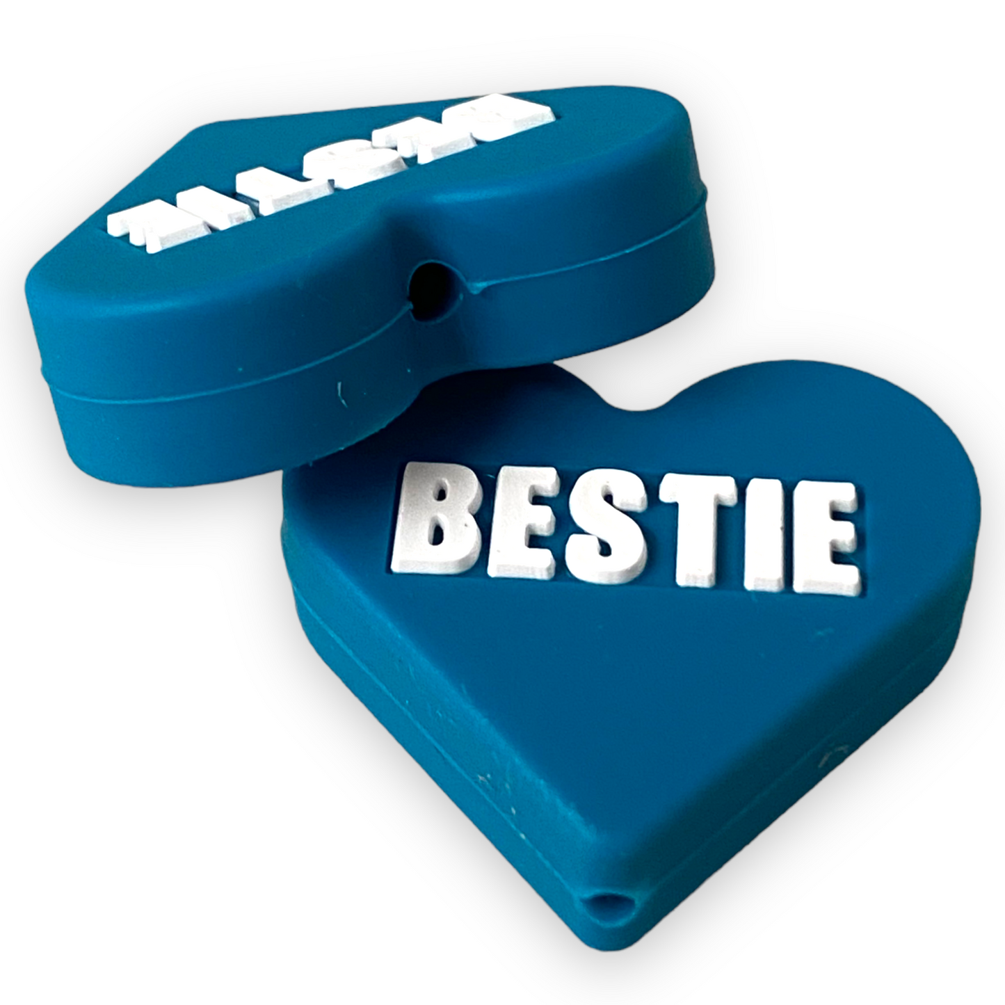 h843 - “BESTIES” Candy Heart Silicone (1 Count) Focal Bead