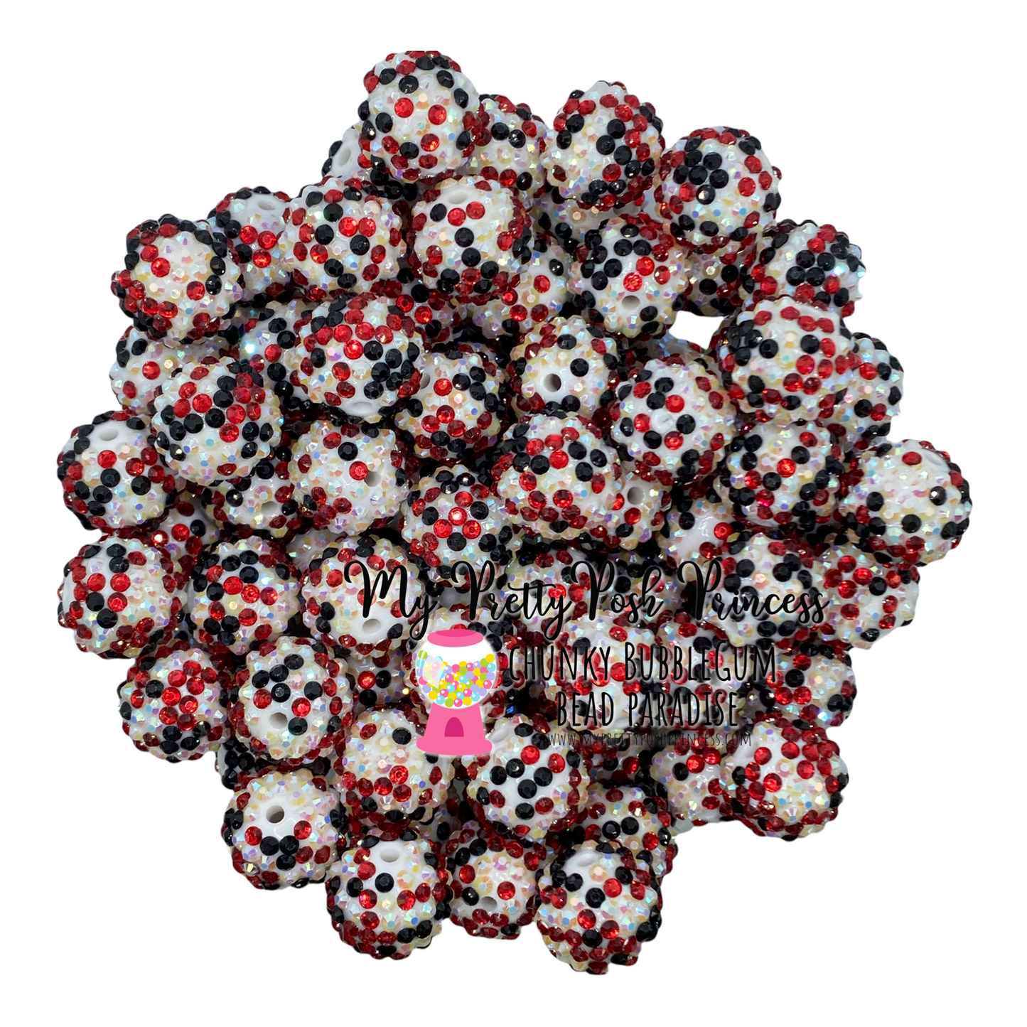 #261 - 12mm Red, Black, White Confetti Rhinestone Acrylic Beads (20 Count)