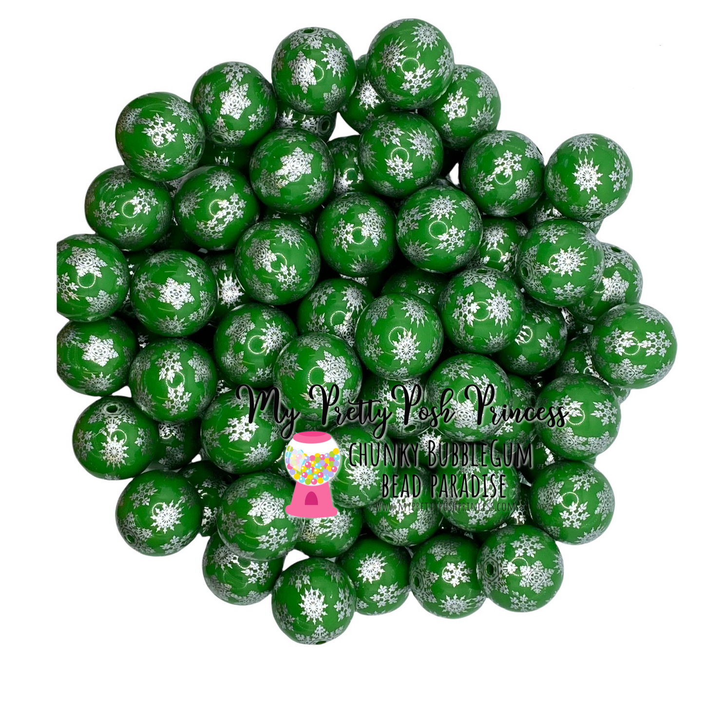 W336- 20mm Green & Silver Snowflake Beads (1 Count)