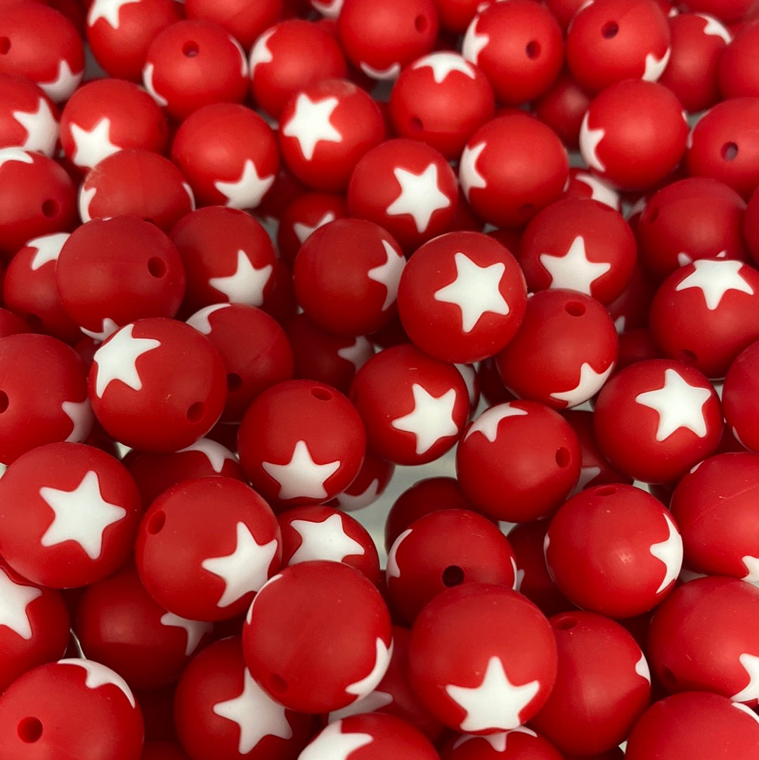 T186 - 15mm Red & White Star Silicone Beads
