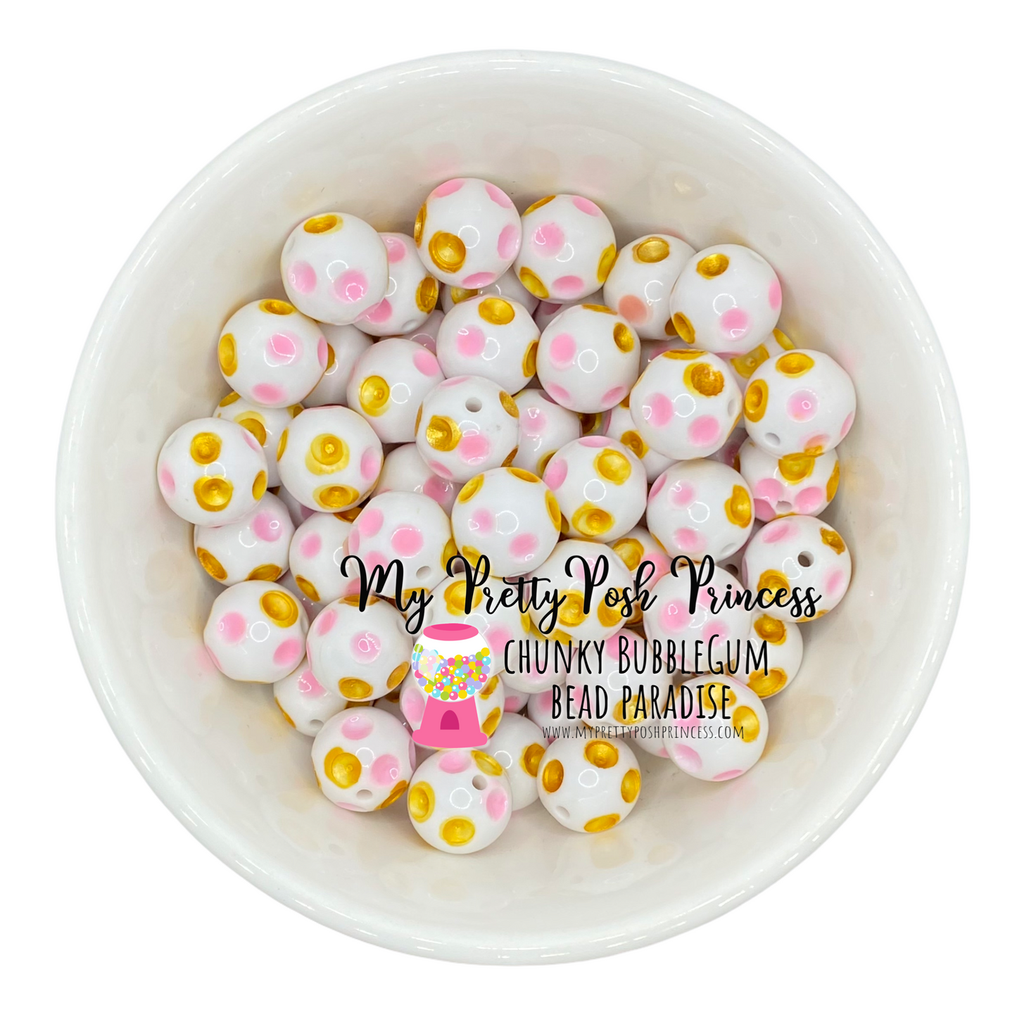 #980 - 20mm White, Pink, & Gold Polka Dots Acrylic Beads (1 Count)