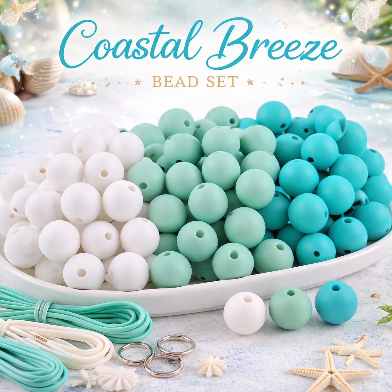 Coastal Breeze bead set with white, green, and blue beads on a beach-themed background.