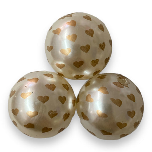 W522- 20mm "Ivory w/Gold Hearts"  Acrylic Pearl Beads (1 Count)