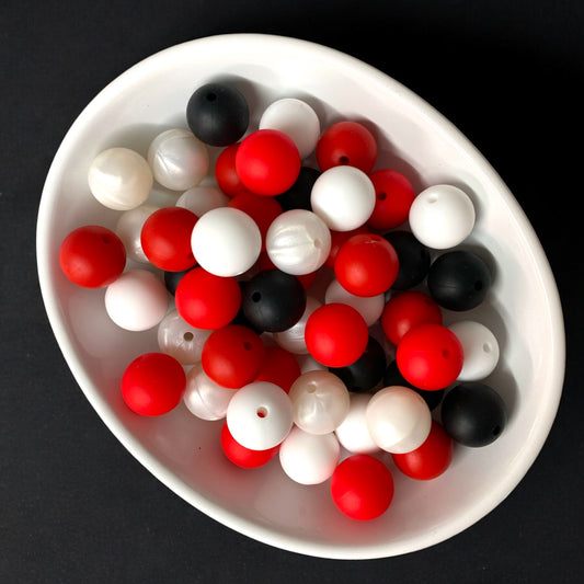 "Black, White, Red Color Set" - 15mm Silicone 50 Count Bead Pack – Ideal for Beadable Pens & Keychains