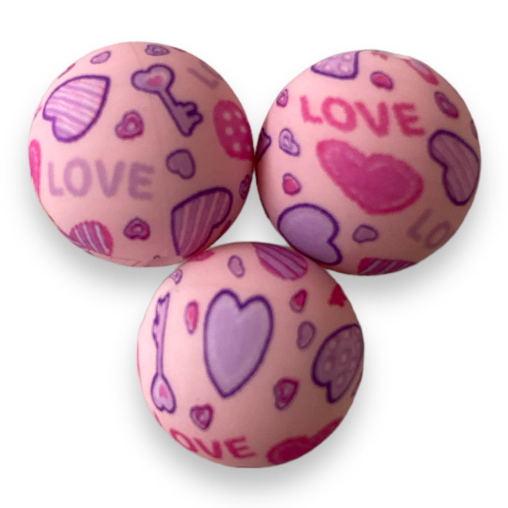Valentines Day beads • Heart print • silicone round beads • 10 pcs • 15 mm  • loose sensory beads • blue • pink • lanyard • beaded pen • diy