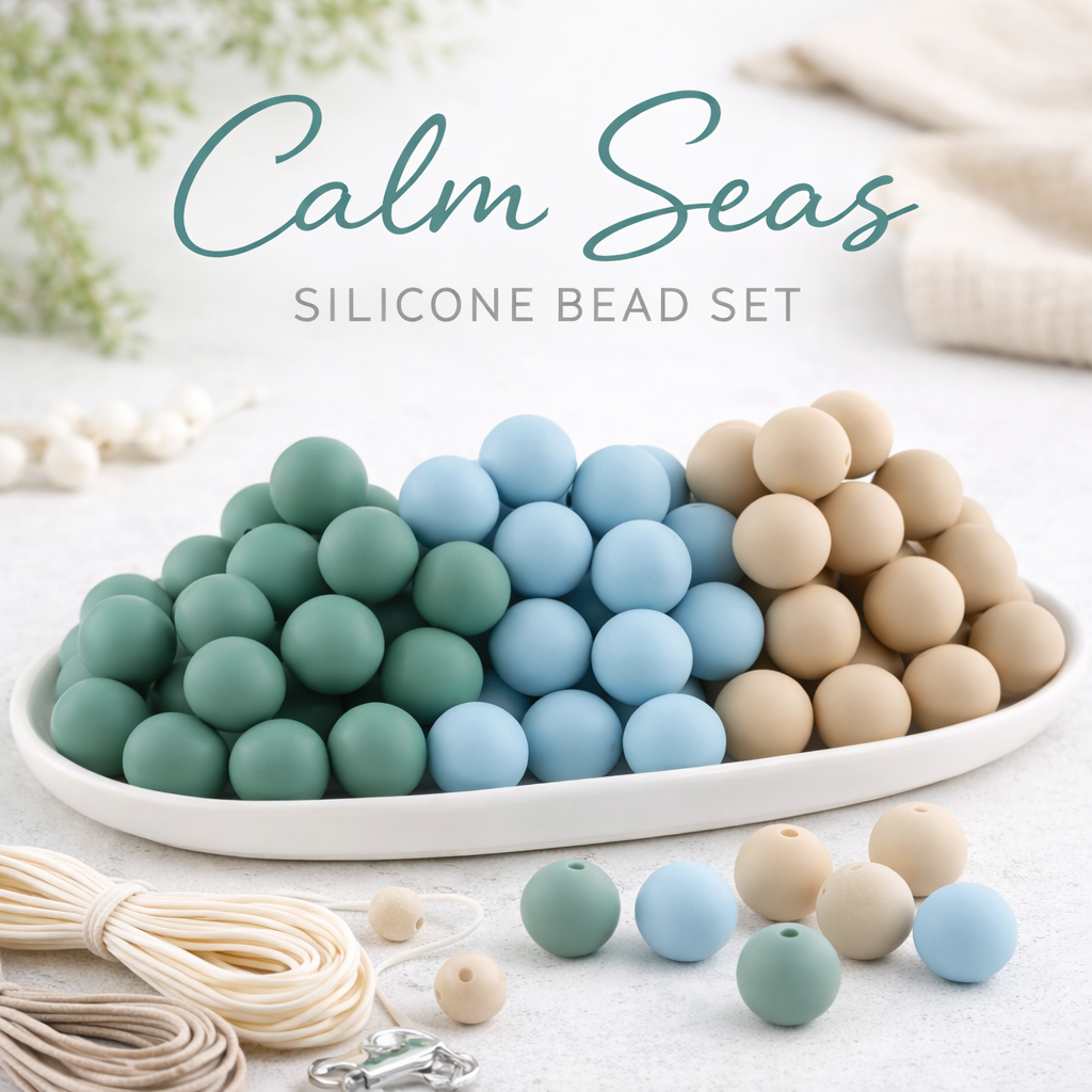 Silicone beads in green, blue, and beige on a white plate with 'Calm Seas' branding.