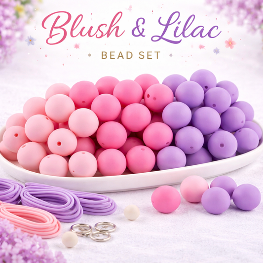 Pink and purple bead set with tools on a white plate against a light pink background.