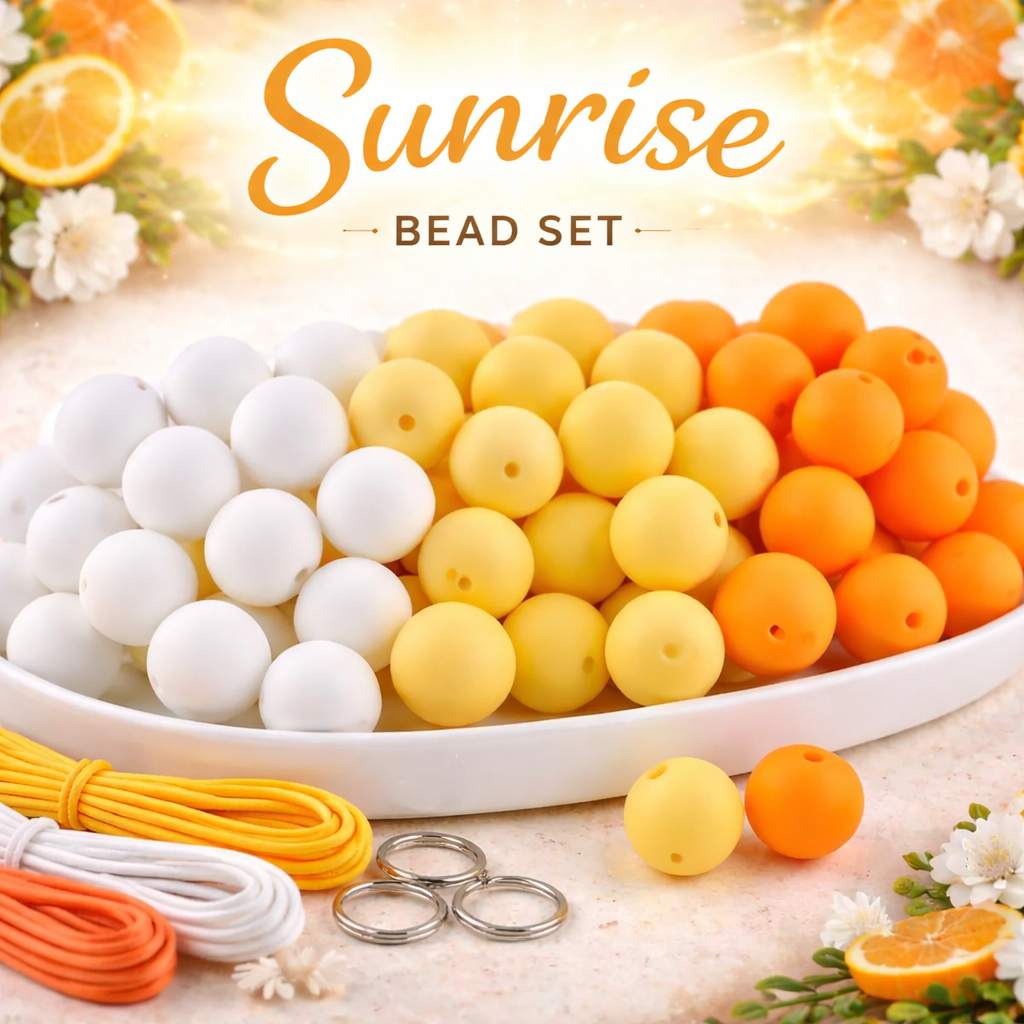 Sunrise bead set with white, yellow, and orange beads on a light background.
