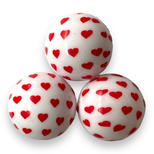 W521- 20mm "White w/Red Hearts"  Acrylic Solid Beads (1 Count)