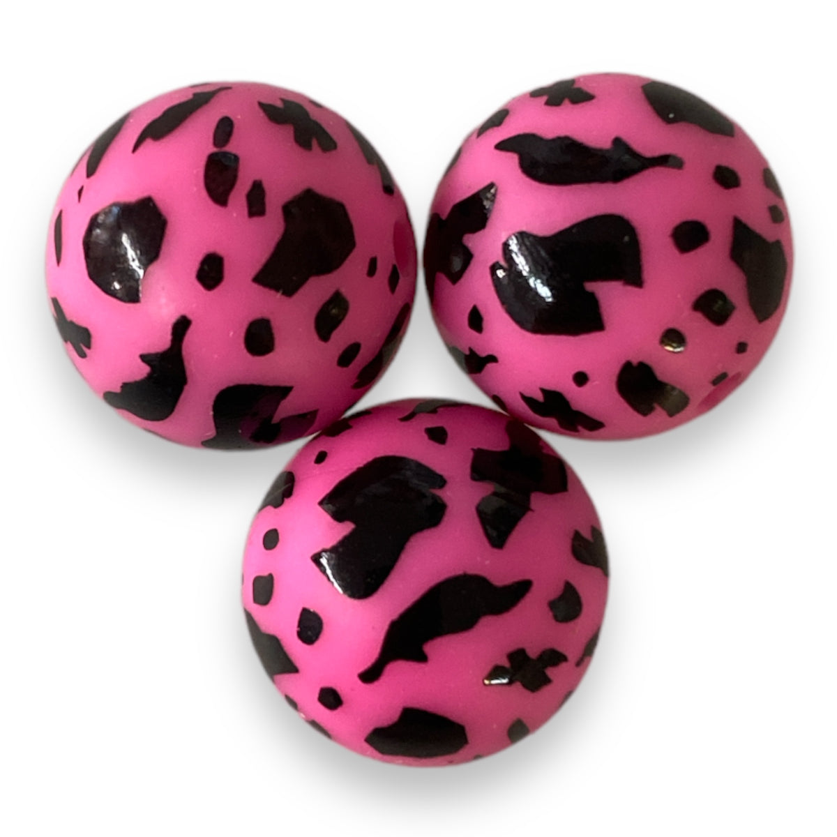 A52 - 15mm "Pink & Black Cow Print" (10 Count) Silicone Beads, Craft Supplies