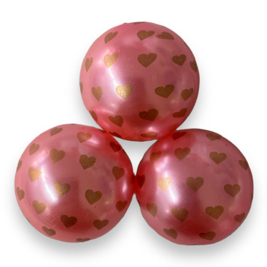 W519- 20mm "Pink w/Gold Hearts"  Acrylic Pearl Beads (1 Count)