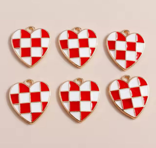 Q-A76- Red Checkered Heart Small Alloy Charm (1 Count)