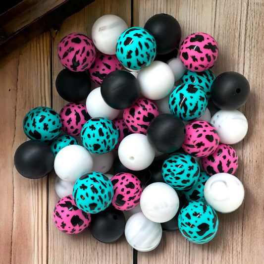 CK - 120 -  19mm "Aqua + Pink / Black Cow" 50 Count  Silicone Bead Pack