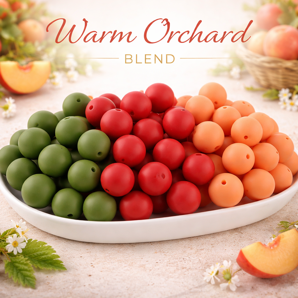 Colorful fruit-shaped candies on a plate with 'Warm Orchard Blend' text.