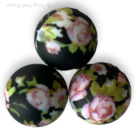 #747 -  15mm “Black Floral” Silicone Beads