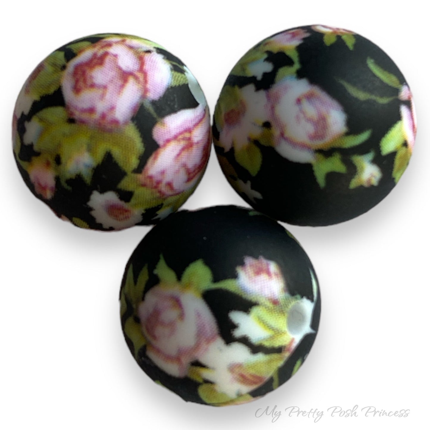 T43 -  19mm “Black Floral” Silicone Beads