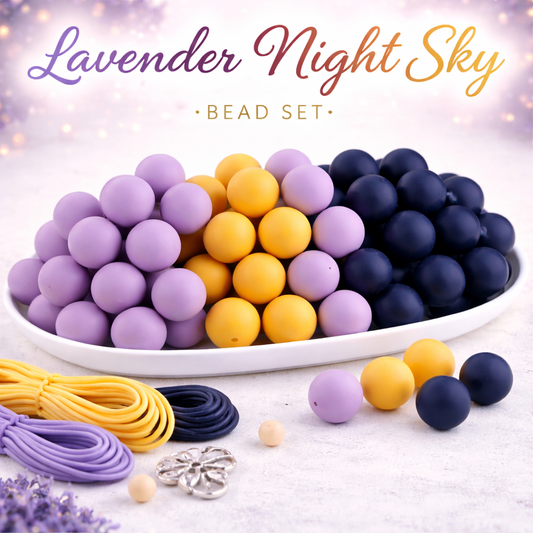 Bead set with lavender, yellow, and navy beads on a white plate with 'Lavender Night Sky' text.
