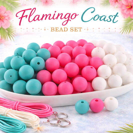 Colorful bead set with 'Flamingo Coast' branding on a decorative background.
