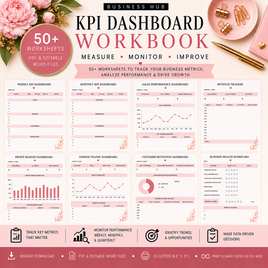 KPI Dashboard Workbook | Printable Business Metrics & Performance Planner