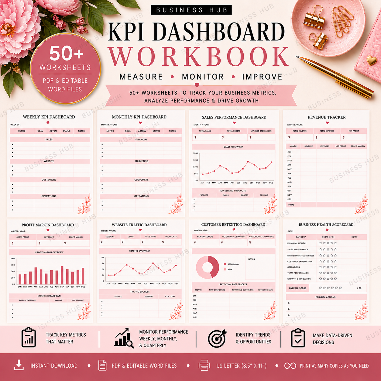 KPI Dashboard Workbook | Printable Business Metrics & Performance Planner