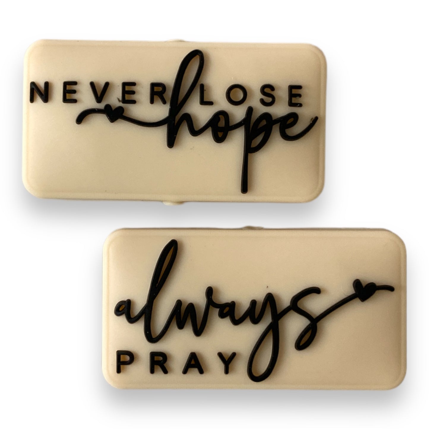 e559 - "Always Pray / Never Lose Hope" Two Sided  Exclusive  Focal Bead Silicone (1 Count)