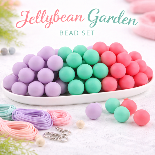 Pastel-colored bead set with 'Jellybean Garden' branding on a white background.