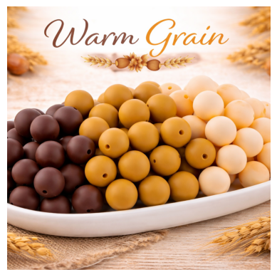 Assorted warm-colored wooden beads on a white plate with 'Warm Grain' text.