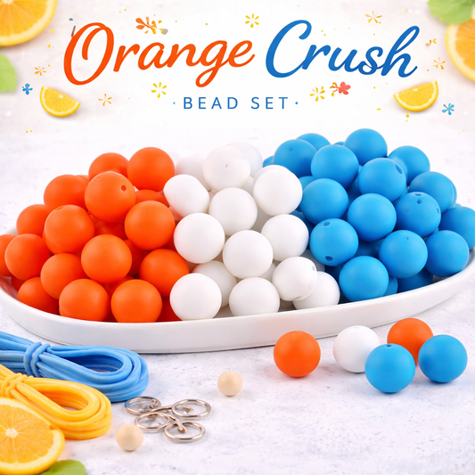 Orange Crush bead set with orange, white, and blue beads on a white background.