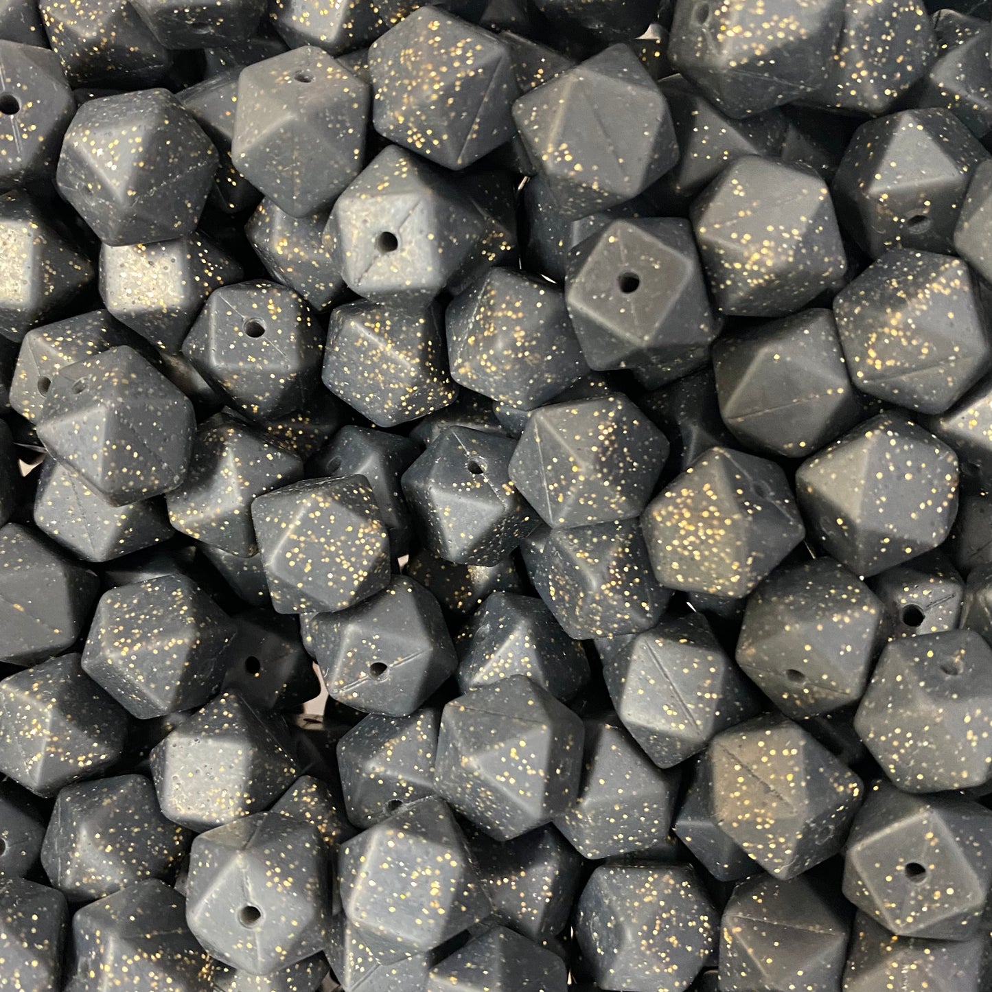 T249- 14mm Black Glitter Hexagon Silicone Beads